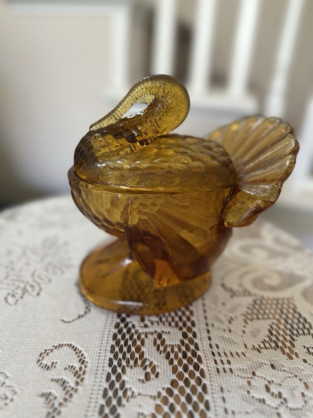 Vintage LE Smith Amber Glass Turkey Lidded Candy Dish, Thanksgiving, Americana ￼
